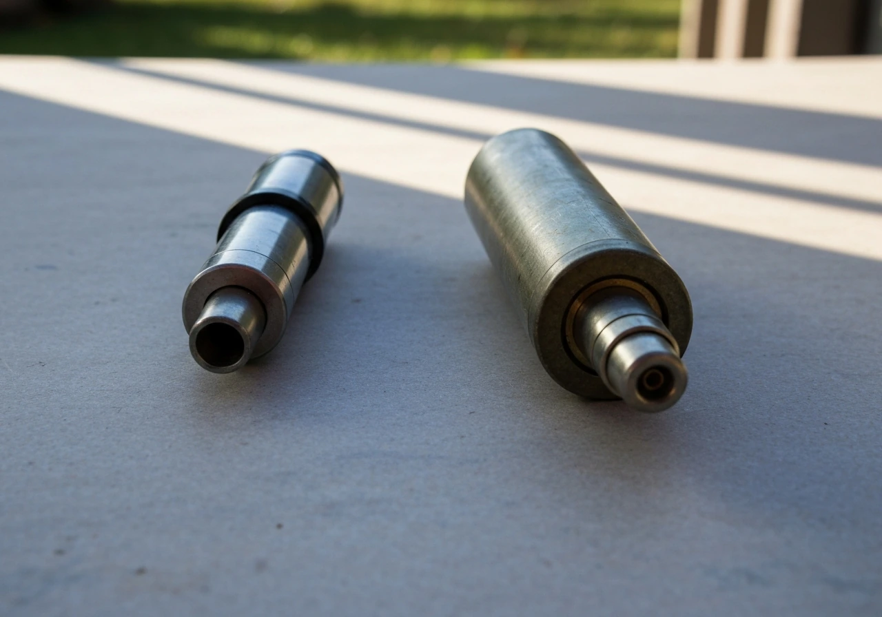Side-by-side close-up of pistol-style bird banger and larger shell-style bird bomb devices on a workbench.