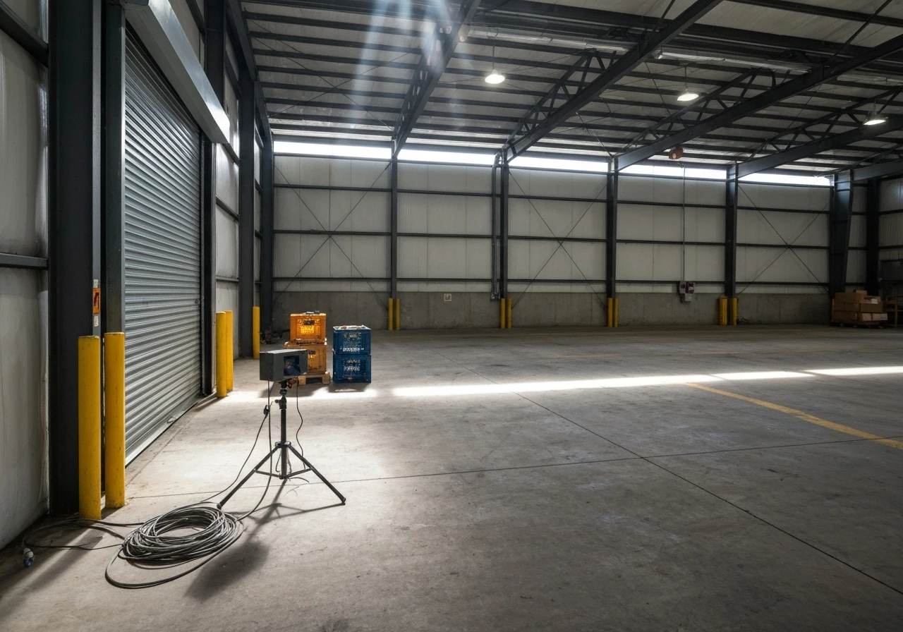 Unsecured scare device in a dim hangar with closed doors and poor airflow, suggesting enclosed-space failure risk.