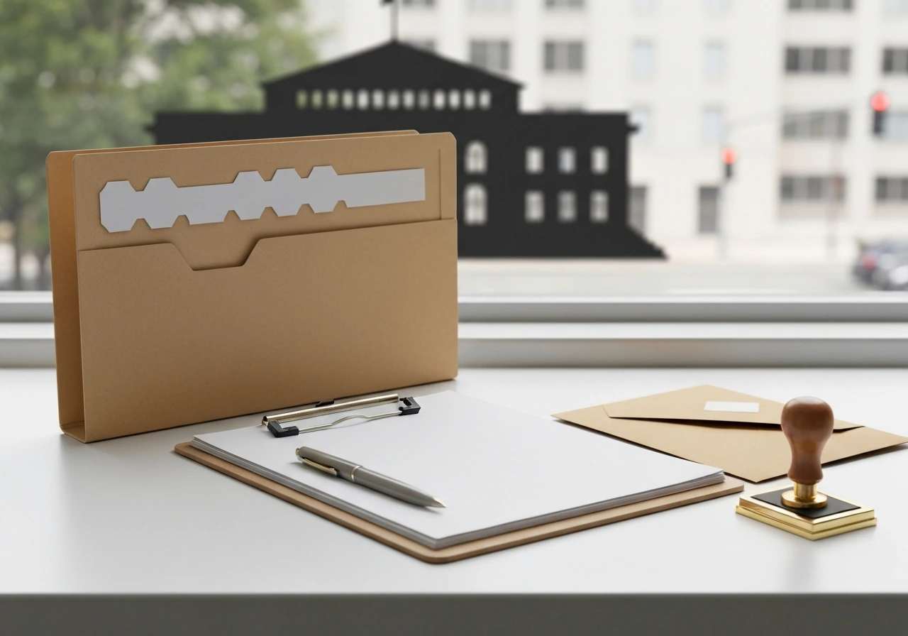 Minimal desk scene with blank paperwork and permit-related forms beside a pen and envelope.