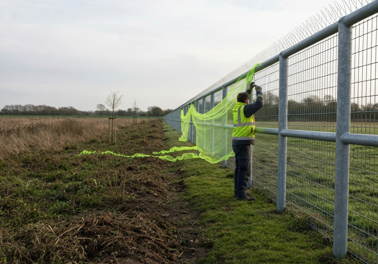 Field workers adjust bird netting and spikes on a fence line beside modified habitat for bird exclusion.