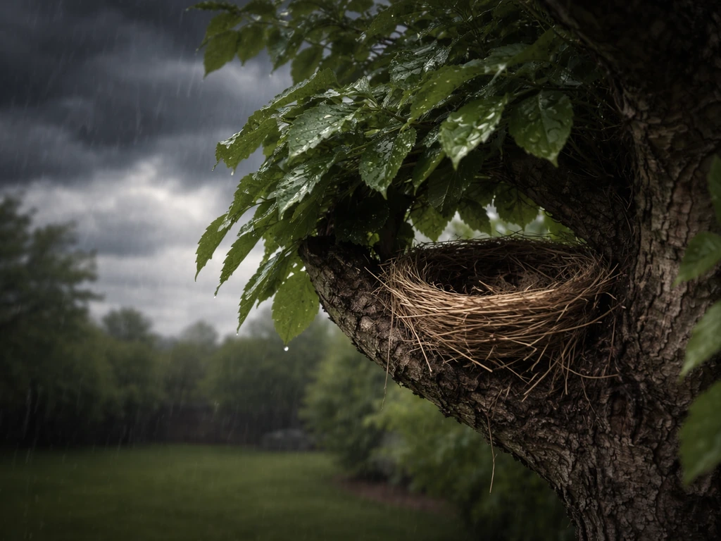 Storm clouds over a backyard tree; a bird nest appears intact under shelter.