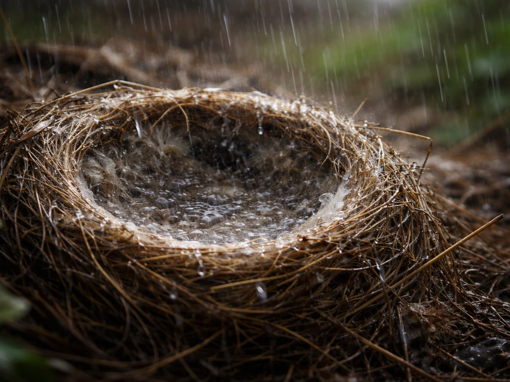 Soaked cup-shaped bird nest with raindrops beading and pooling inside during heavy rainfall.