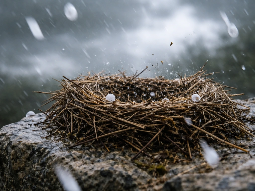 Blurred hailstones falling as a bird nest on a ledge takes impacts, showing sudden physical shock.