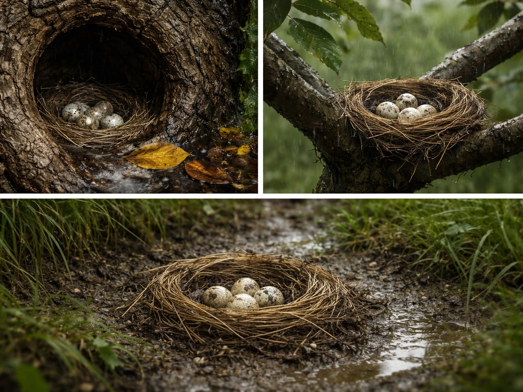 Three nest types side-by-side: cavity, cup, and ground nests showing storm-vulnerability cues.