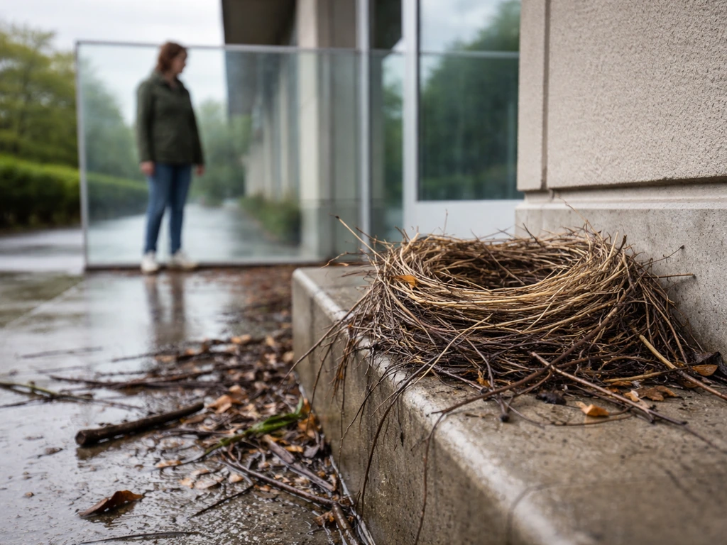 Person watching from a distance behind a clear barrier as a disheveled bird nest remains in place after a storm.