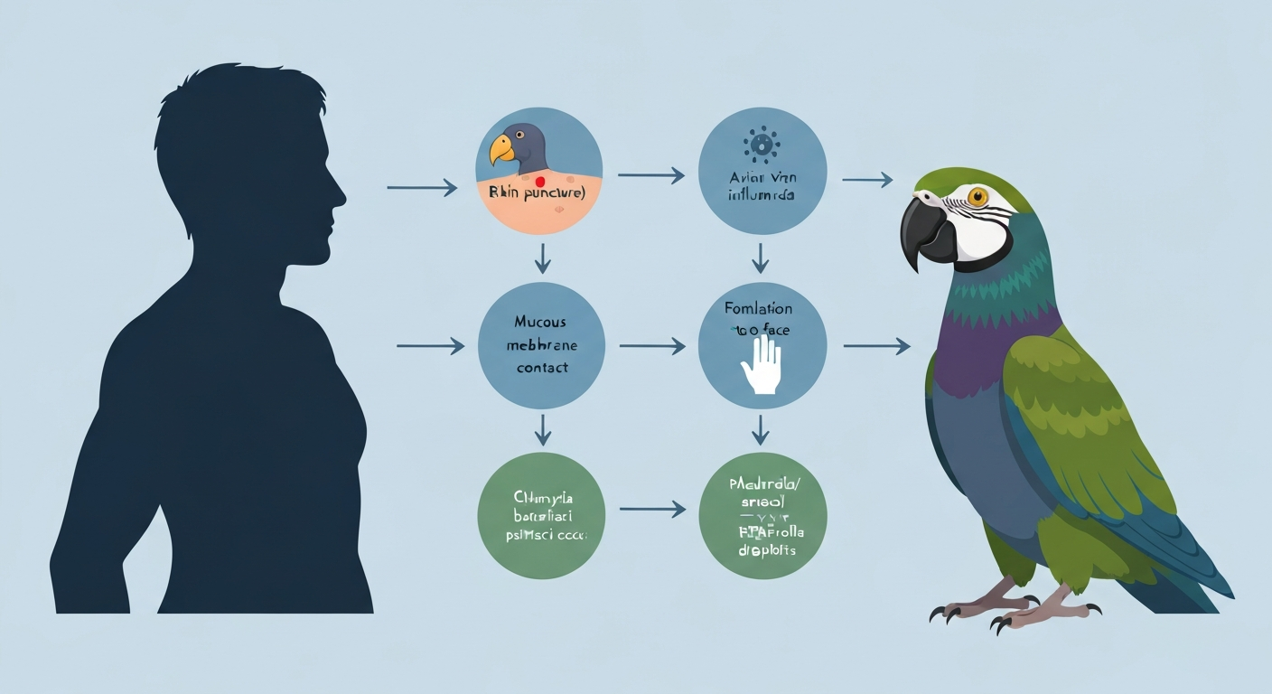 Infographic showing a human and a bird with labeled transmission routes (bite, mucous membrane, fomite, inhalation) and icons for avian influenza, Chlamydia psittaci, and bacteria.