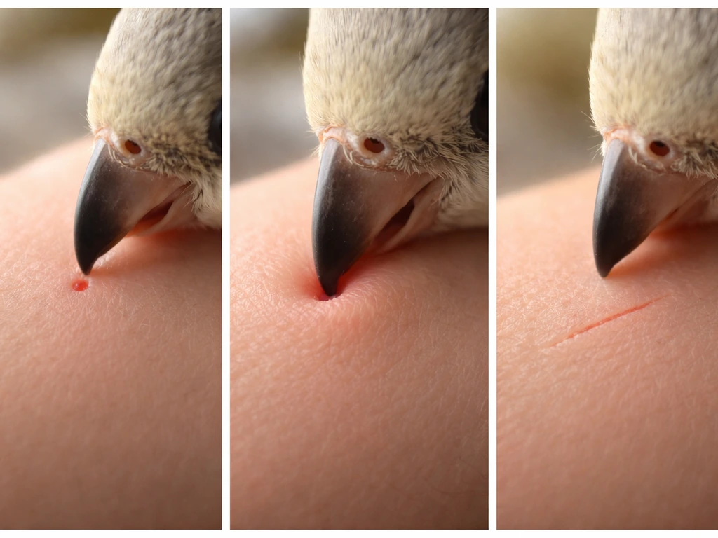 Close-up showing a bird beak making peck, bite, and scratch contact on a hand skin surface.