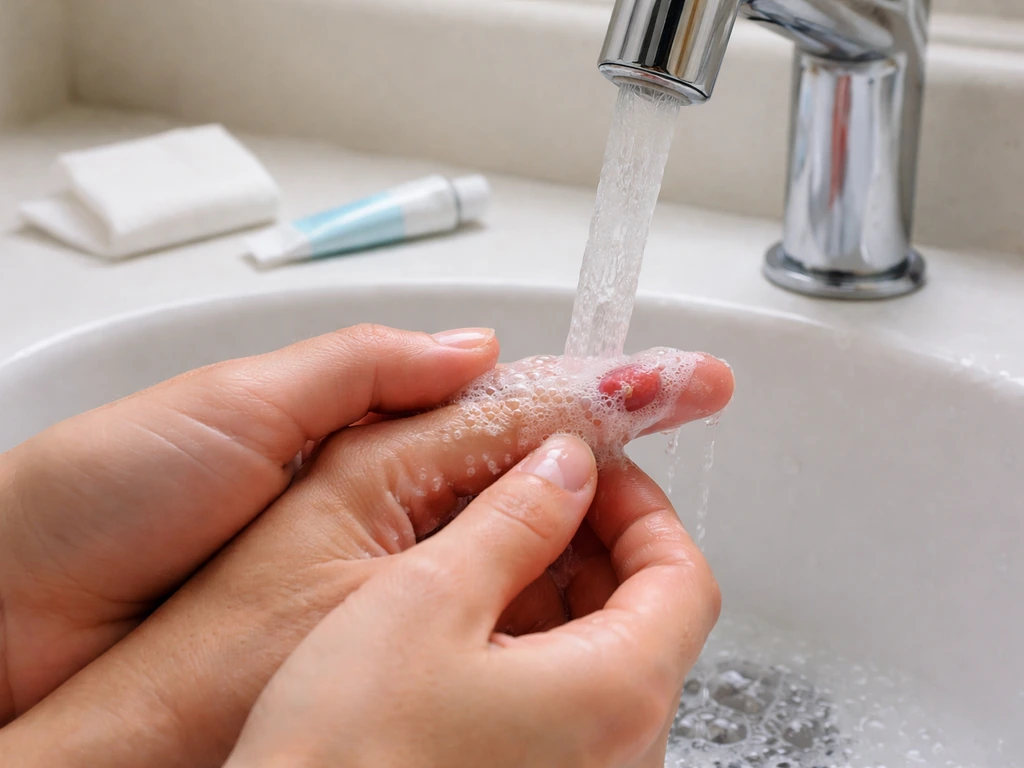 Hand washing an injured finger under running tap water with gauze and ointment nearby