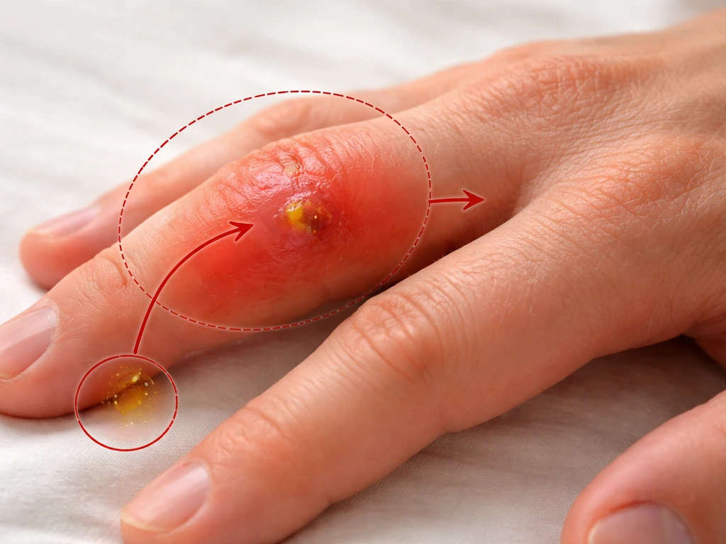 Close-up of a bitten finger with redness spreading, swelling, and slight yellow drainage suggesting infection.