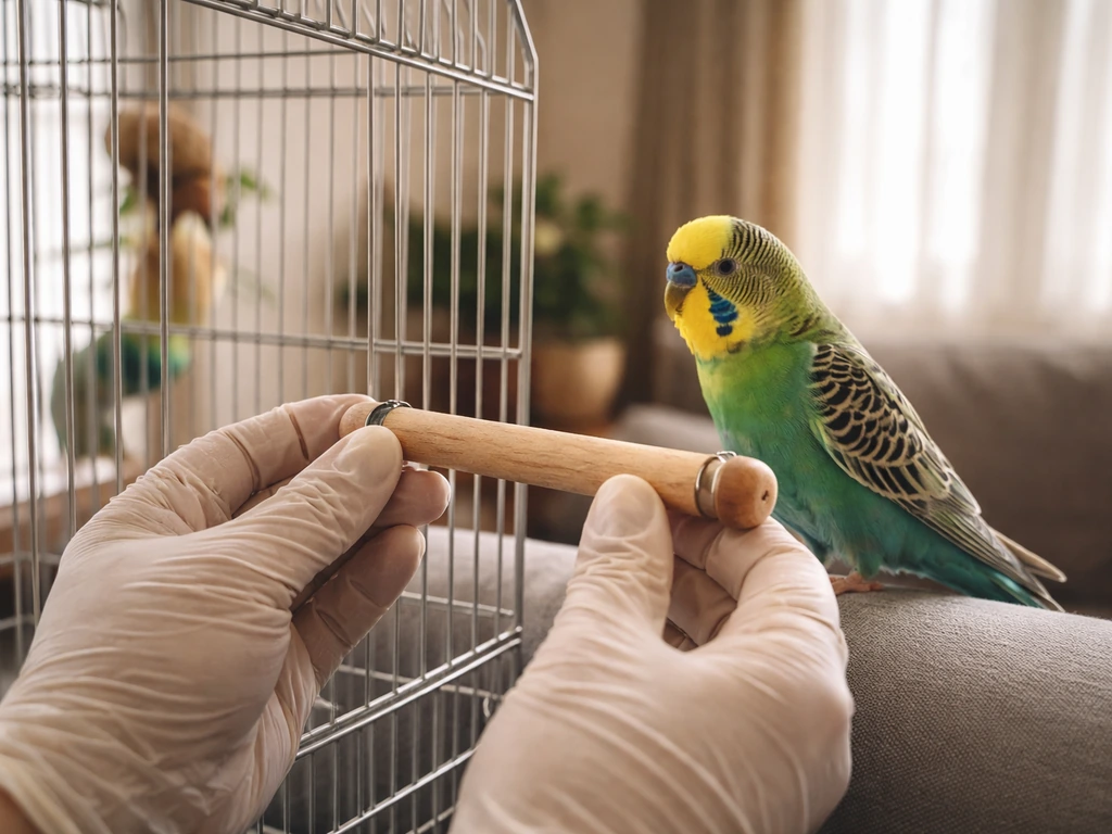 Pet bird owner calmly offering a perch to a parakeet near their hand, wearing protective gloves in a home room.
