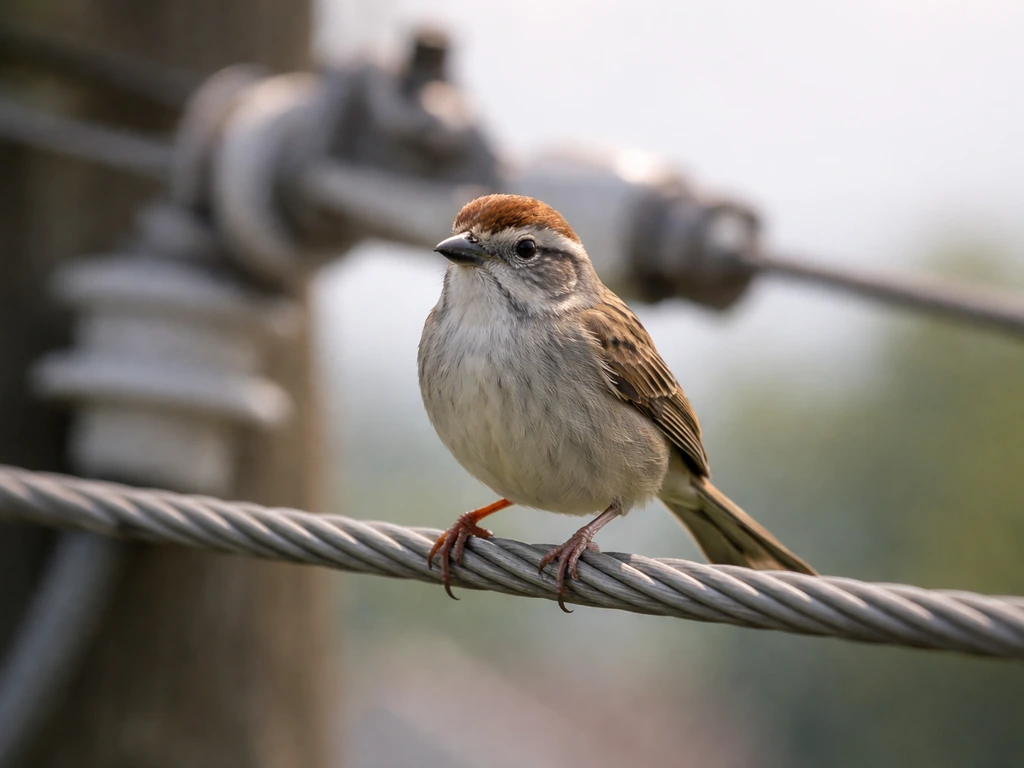 Small songbird gripping an overhead power line, with pole hardware visible and no other contact.