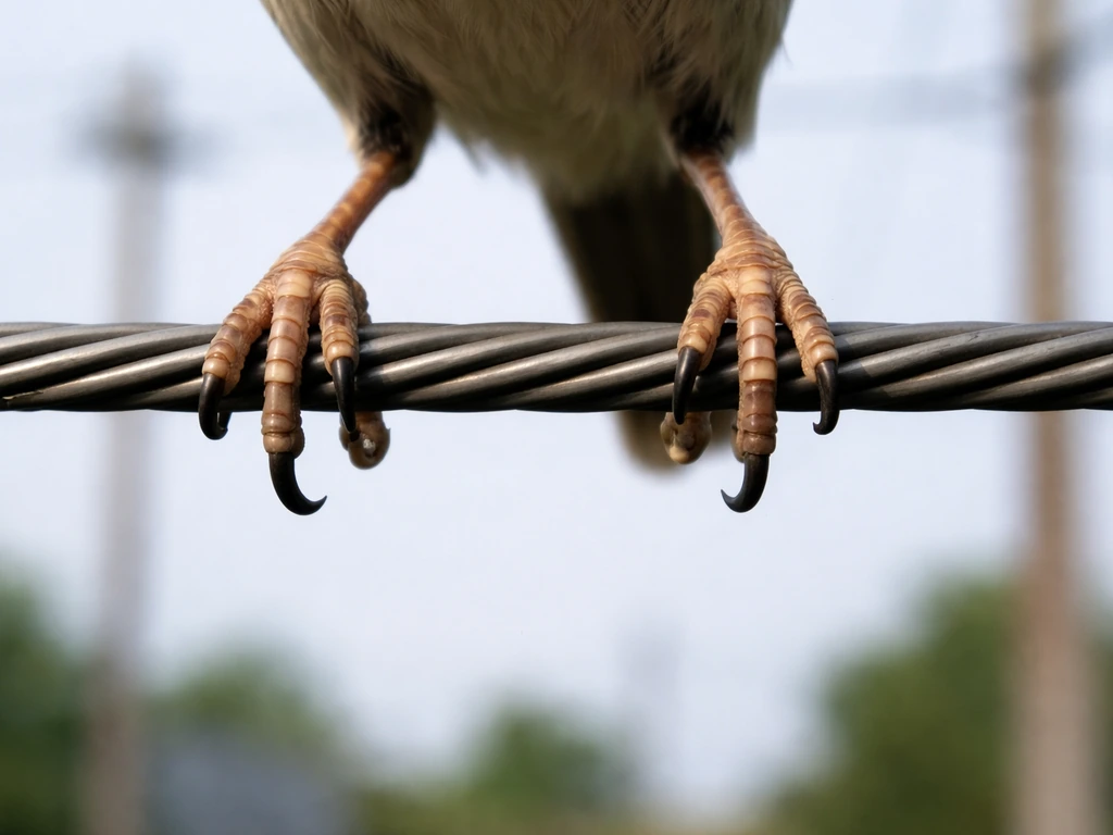 Close-up of a bird’s feet gripping one power line conductor, body hanging free, showing limited contact.