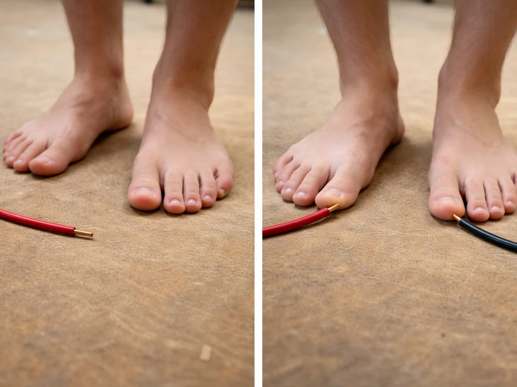 Two bare feet near exposed electrical conductors: one scenario open loop, one bridging conductors with risk.