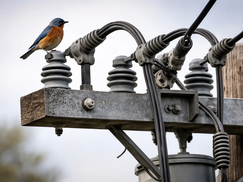 Close-up of a utility pole top with crossarm and transformer hardware, with a small bird perched nearby.