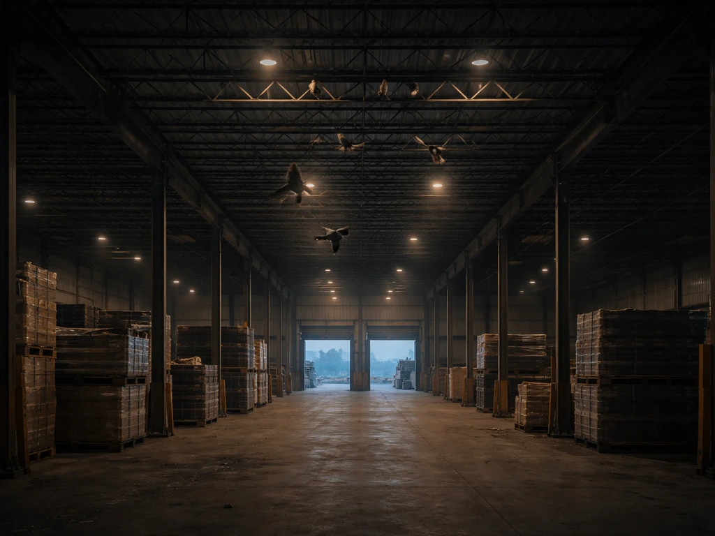 Wide warehouse interior with birds perched and flying near the loading dock and upper rafters at dusk.