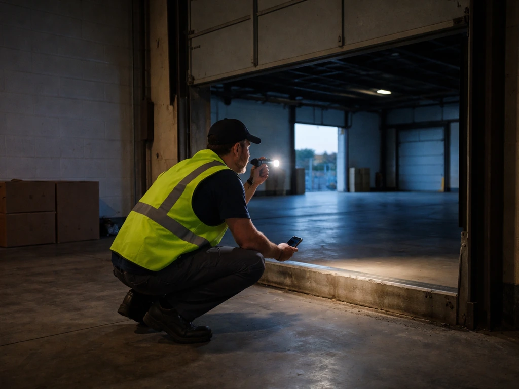 Warehouse technician using a flashlight near loading dock while checking for signs of birds