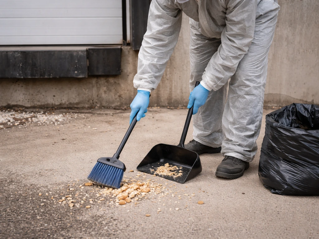 Facility staff member sweeping and bagging food debris near a loading dock to reduce bird attraction