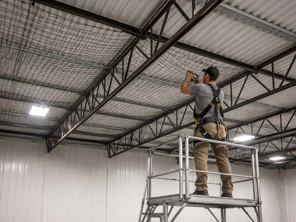 Worker tensioning heavy-duty bird netting across warehouse rafters to prevent roosting.