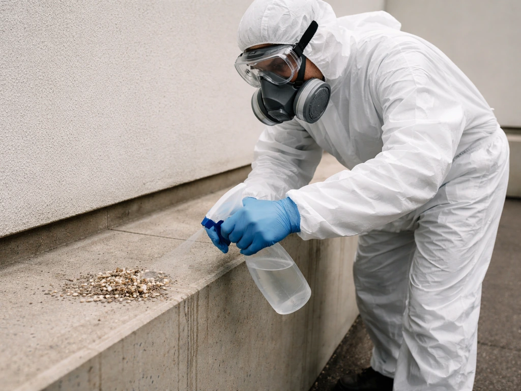 PPE-wearing worker sprays disinfectant on bird droppings to wet and bind them on an outdoor ledge.