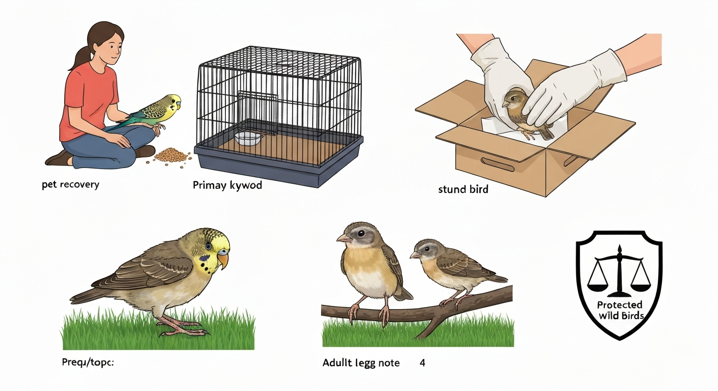 Illustrated educational montage: pet bird recovery, placing stunned bird in ventilated box, fledgling with parent, and a legal/protection icon.