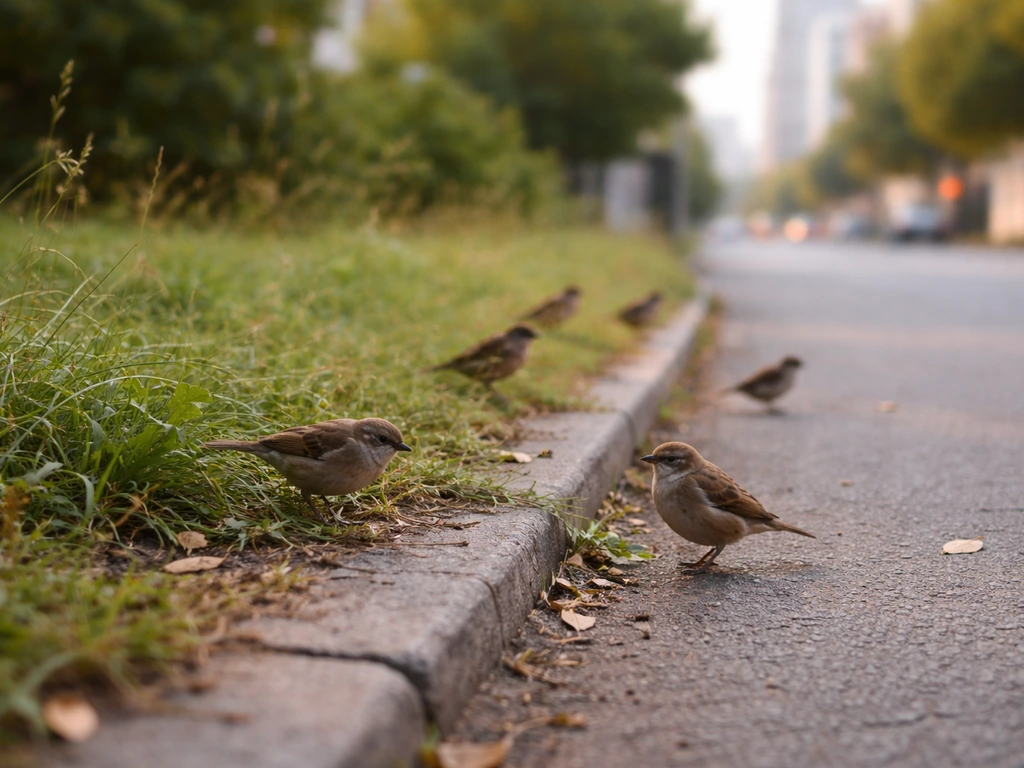 Small birds gathered near a city edge with mixed habitat, suggesting invasive bird presence.