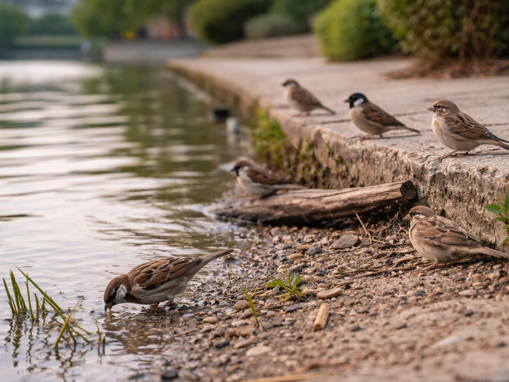 Small birds forage along a city river edge where human-built concrete and reeds meet.