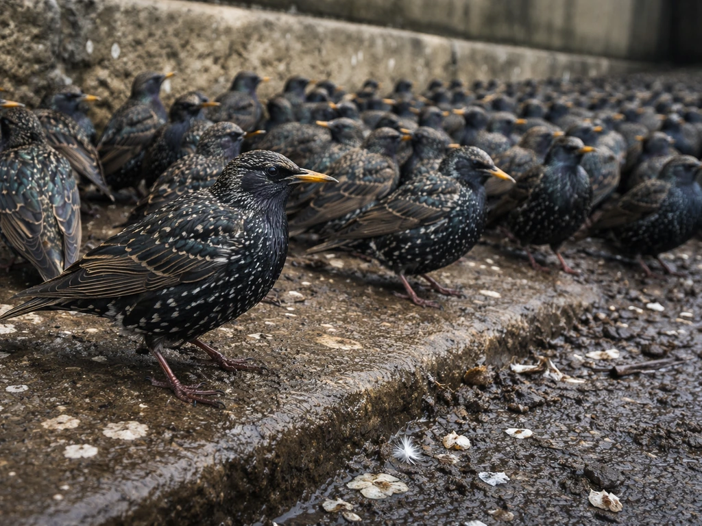 Close ground-level view of a European starling roost with scattered droppings on wet soil.