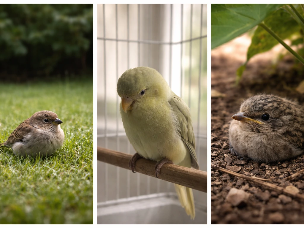 Three minimal photo vignettes: wild bird on grass, pet bird lethargic on perch, and baby bird on ground
