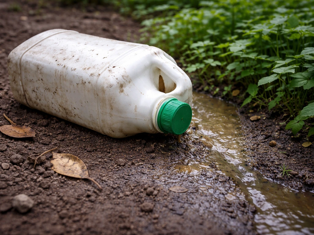 Sealed pesticide container on damp soil beside vegetation with stained runoff residue nearby.