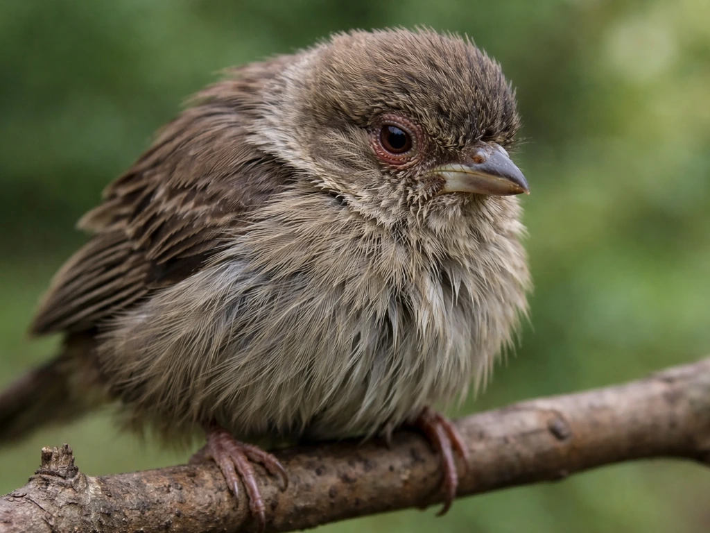 Ill bird perched on a branch with ruffled feathers and a red, irritated eye outdoors.