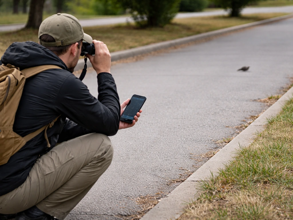 Rescuer watching a motionless bird from 10+ feet away with binoculars and a phone timer