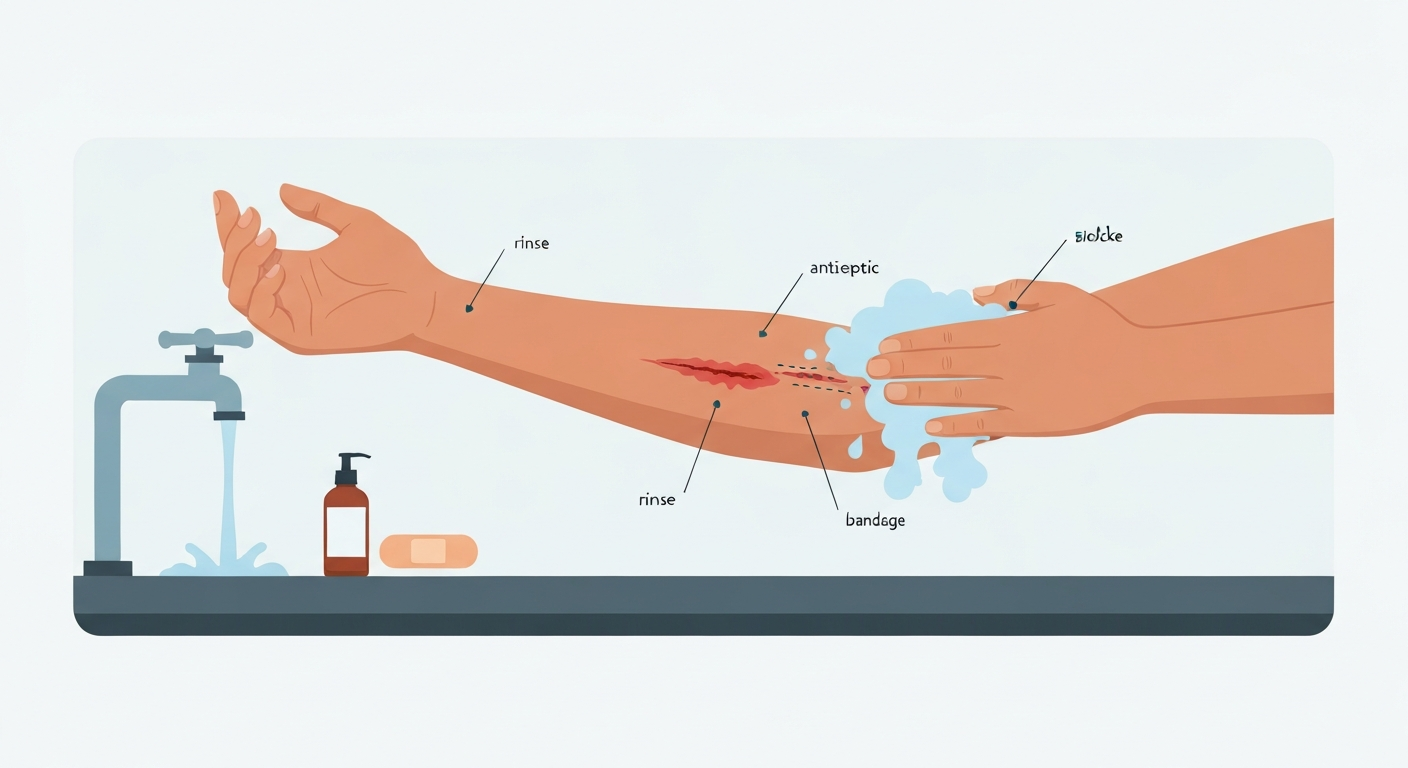 Illustration of a person rinsing a minor linear bird scratch on the forearm under running water, with antiseptic and a bandage nearby.