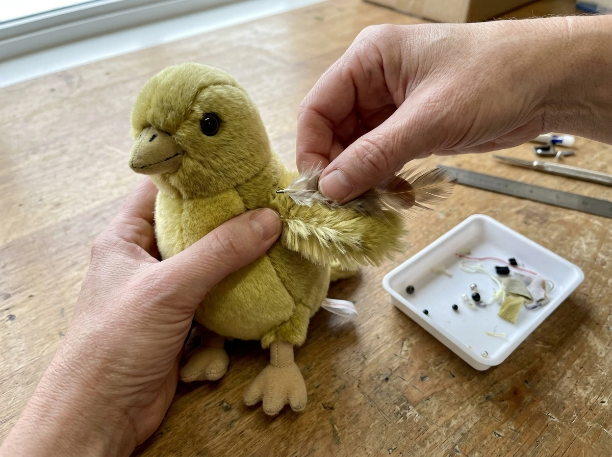 Hand tug test on plush attachments to check for loose parts on the toy.