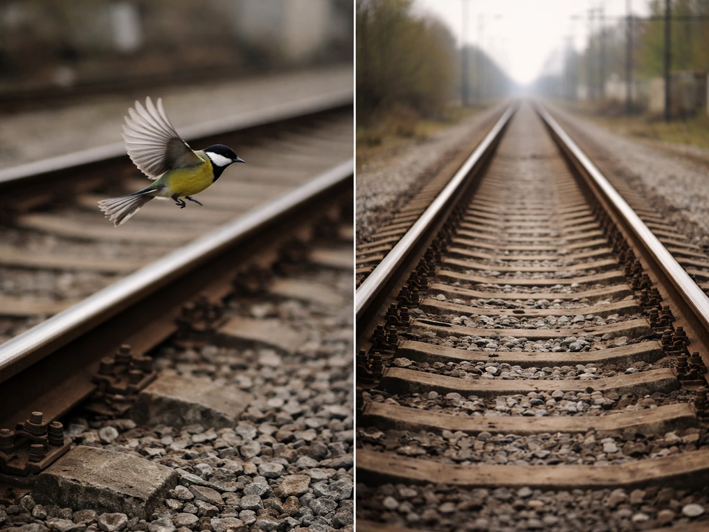 Split-view of a bird flushing near tracks and an empty rail corridor suggesting repeated collision risk.