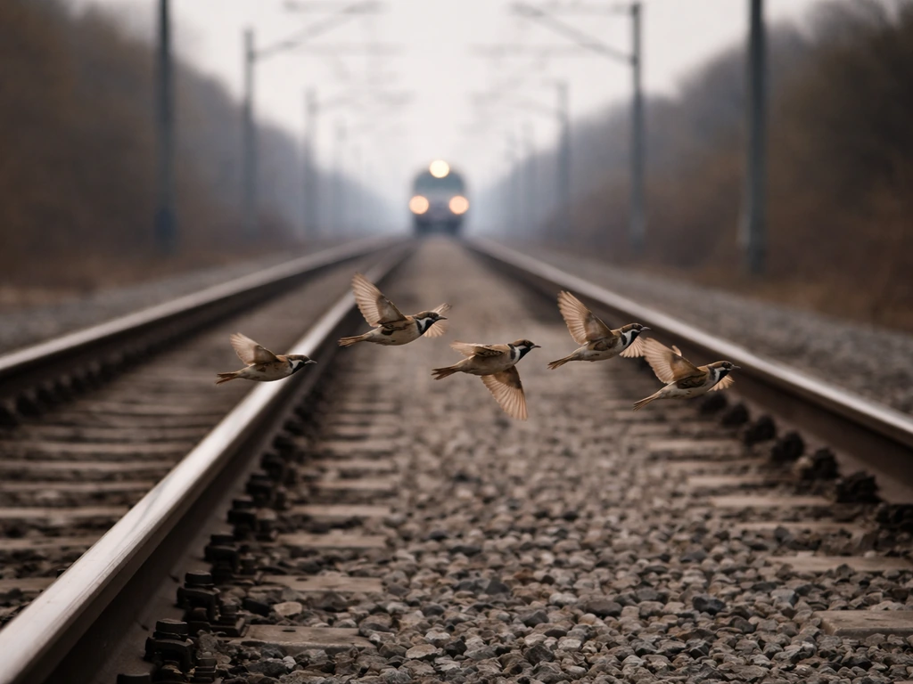 Birds fly perpendicular across railroad tracks as a train runs along the corridor in the distance.