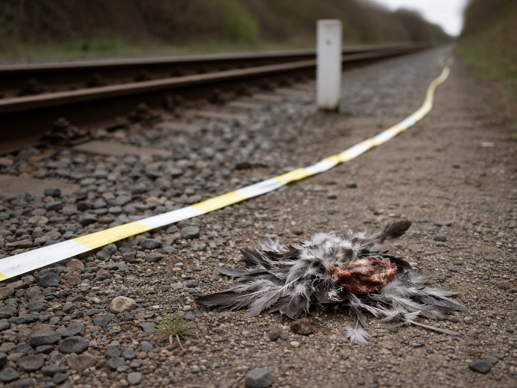 Feathers and bird remains on gravel beside rail tracks with survey tape showing distance from the track.