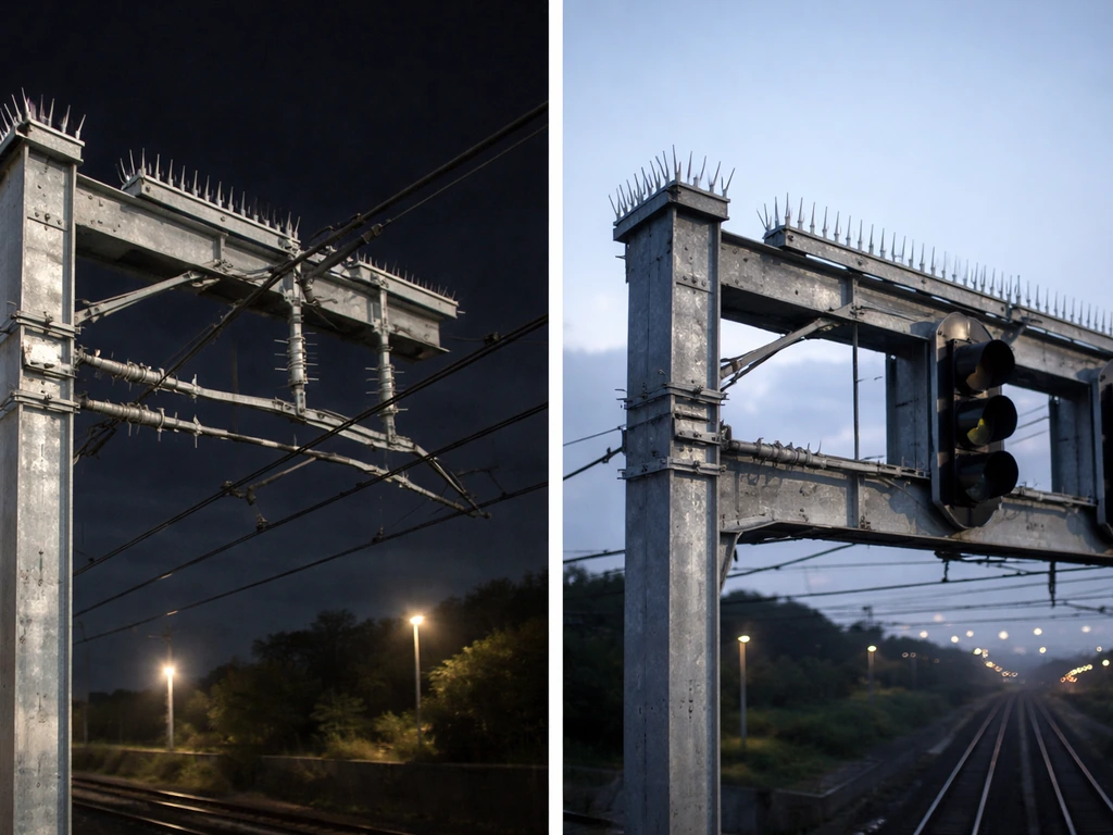 Anti-perching spikes and angled guards installed on overhead railway catenary/signal structures.