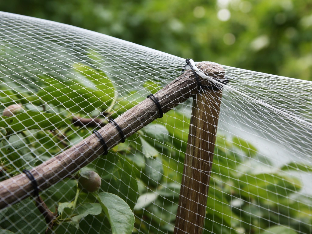 Taut fine-mesh bird netting securely covering a fruit tree with no gaps or loose edges visible