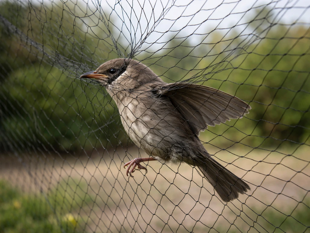 Close-up view of birds tangled in mesh net openings, with head and wing trapped paths