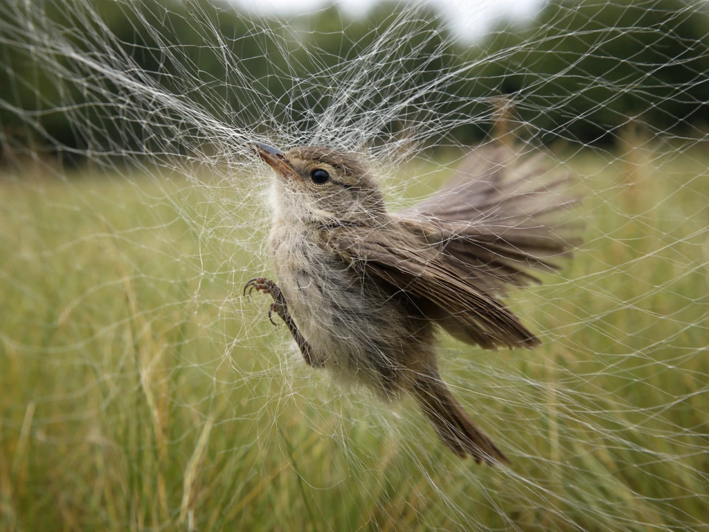 Small bird thrashing in translucent netting in tall grass, conveying stress and exhaustion.