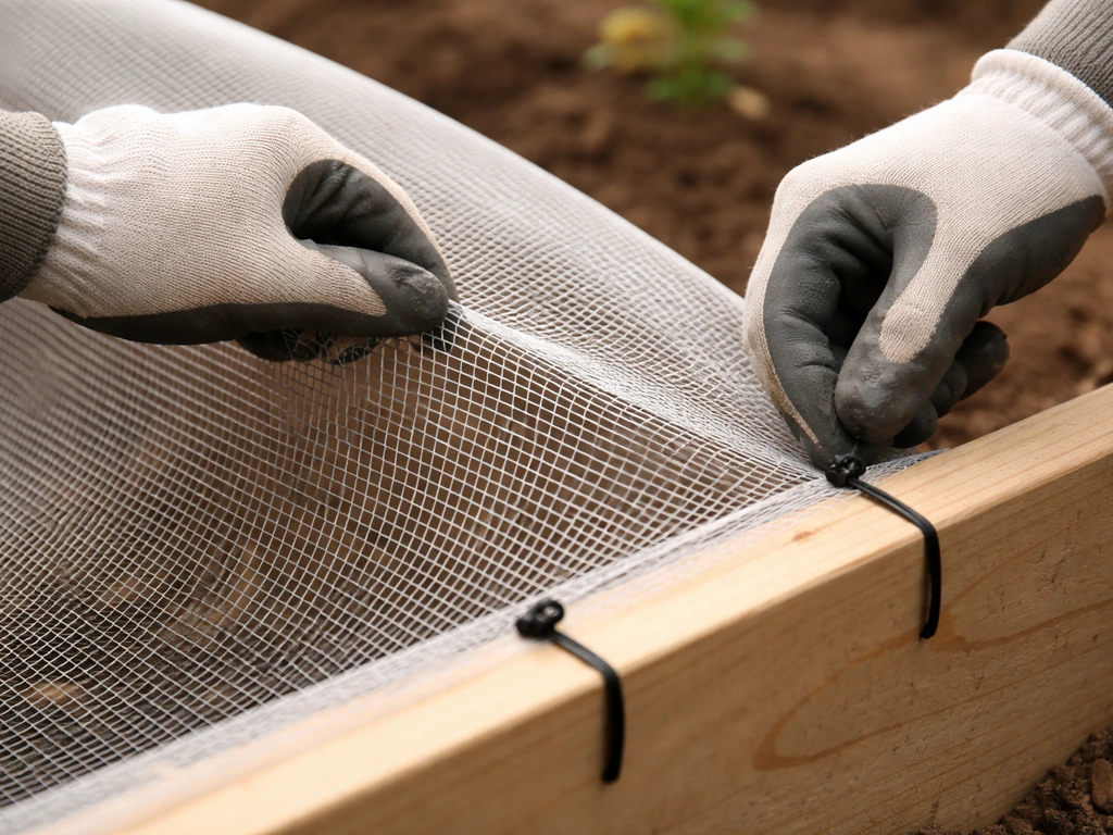 Gloved hands stretch fine-mesh netting taut and secure its edge with zip ties on a garden frame.