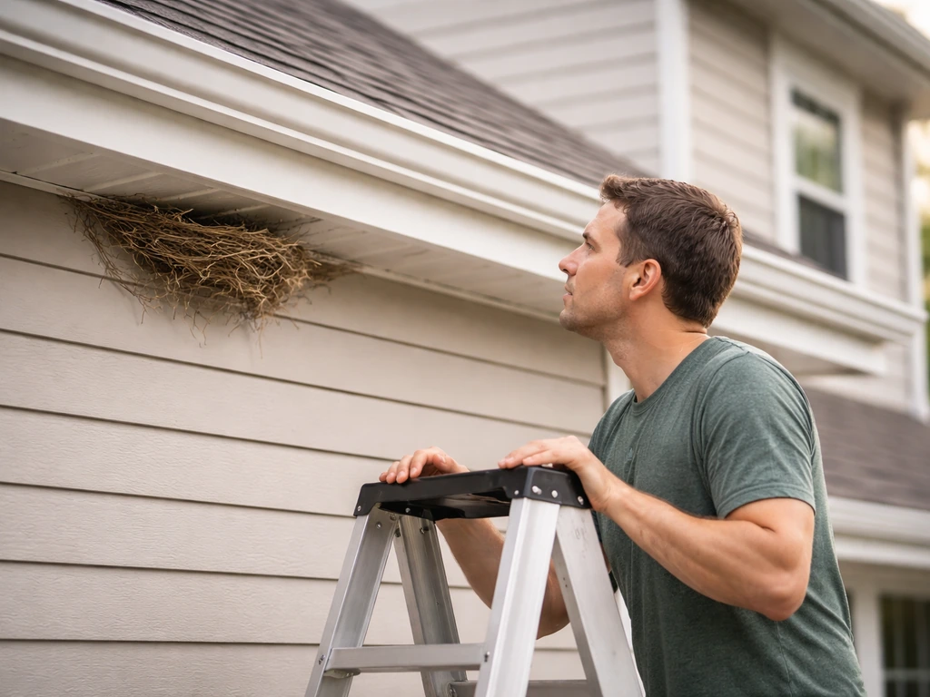 Homeowner on a ladder calmly inspecting a bird nest on a residential roof eave