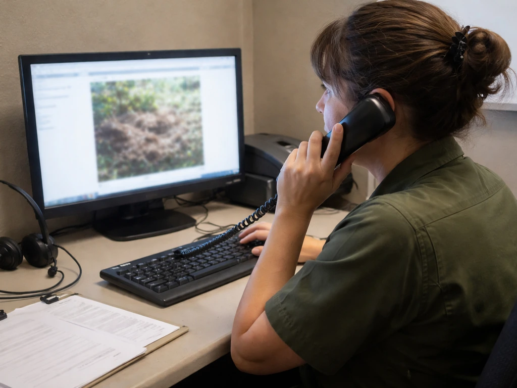 Animal control staff at a desk taking a call, with a small bird-nest photo thumbnail on a screen
