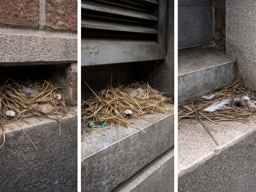 Three close-up urban building nesting cues: wall opening, ledge near vent, and pigeon ledge nest materials.