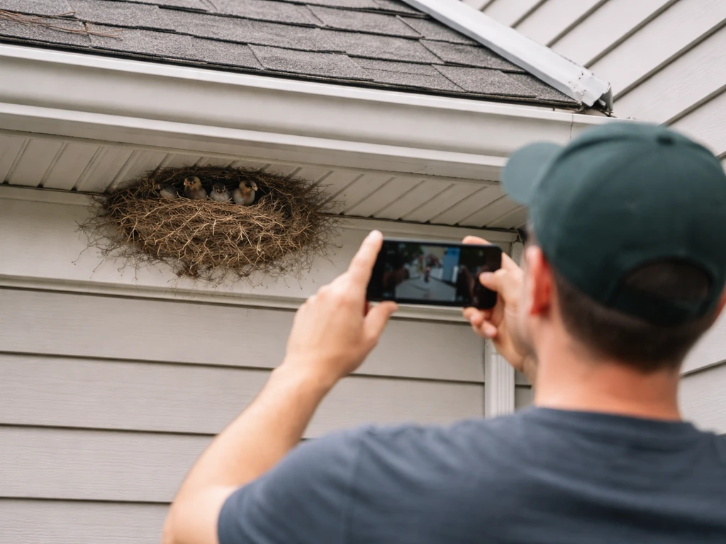 Anonymous homeowner photographing a nest on a house gutter/eave with visible eggs or chicks from a safe distance.