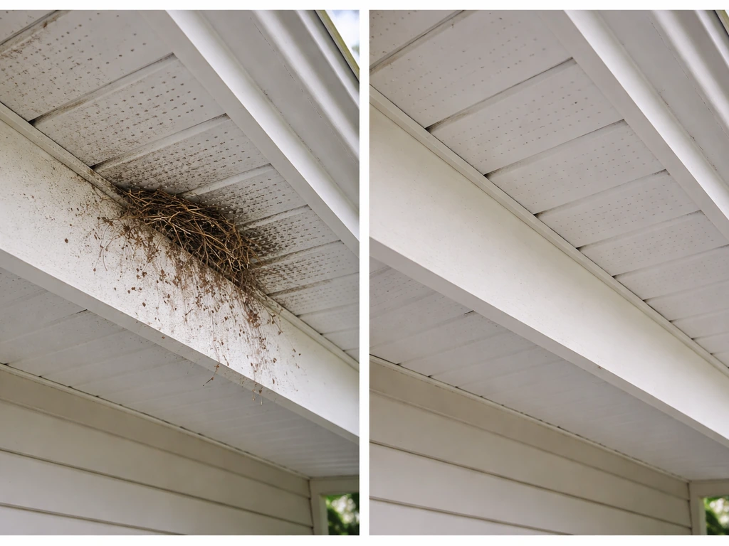 Split view of a residential soffit area before grime removal and after cleanup