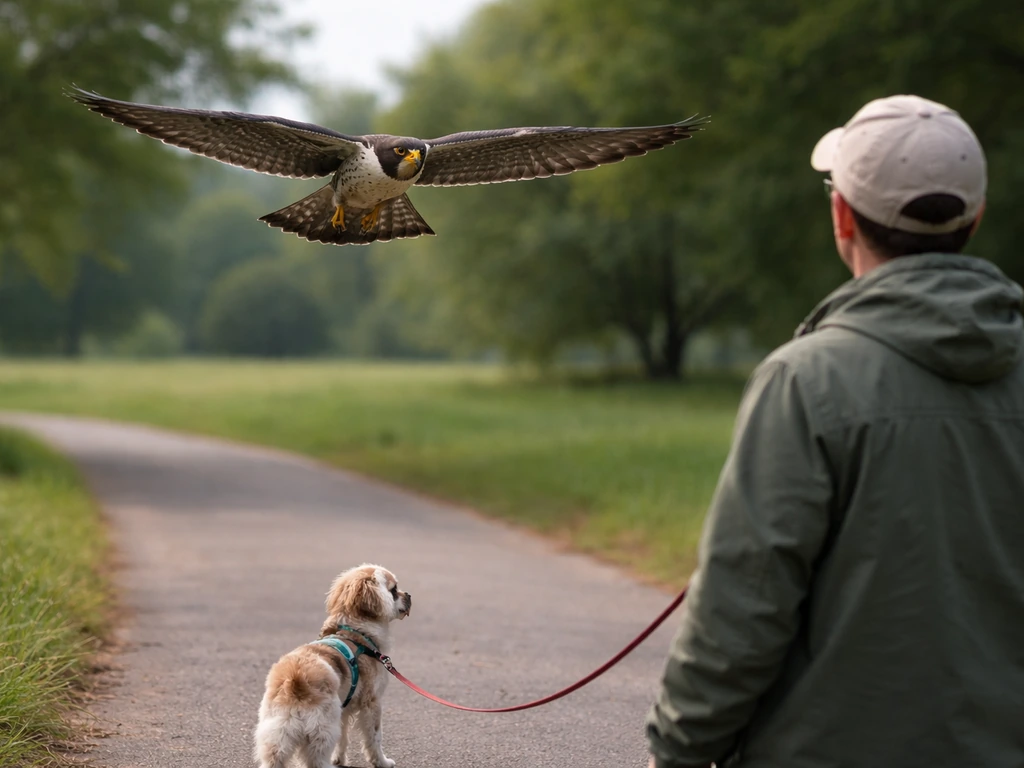 A falcon flying low above a person and pet in a quiet park, safe distance, dramatic but calm.