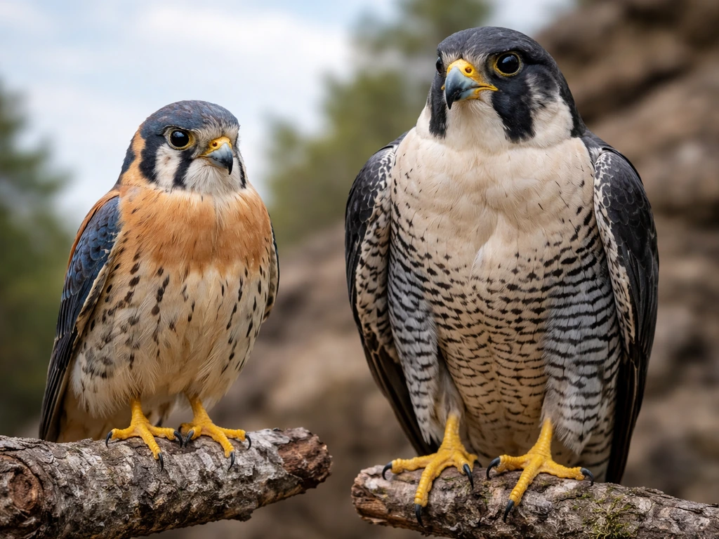 Two raptors on perches side-by-side showing kestrel vs peregrine size and plumage differences.