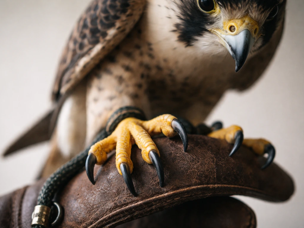 Close-up of hawk falcon talons and beak on a handler’s glove, emphasizing sharp injury pathways.