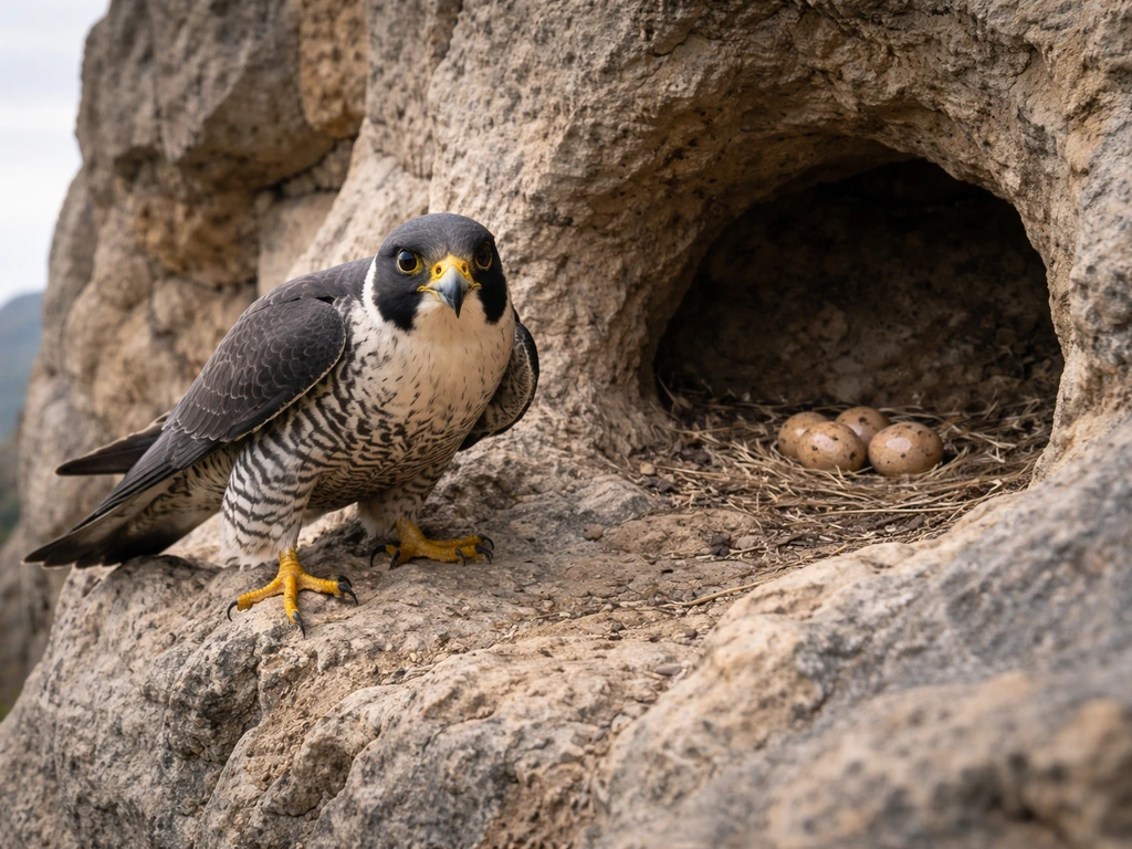 Alert falcon perched on a rocky ledge beside a nest, guarding during nesting season.